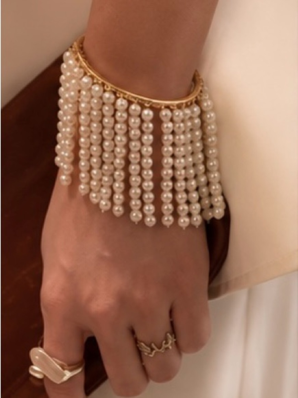 Gold Pearl Fringe Bracelet - White Pearls, Gold Chain